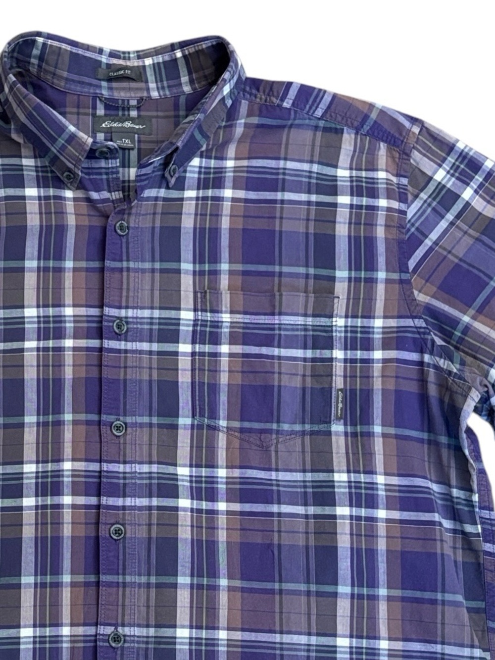 Eddie Bauer Classic Fit Purple Plaid Short Sleeve Button Down Shirt Size XL Tall